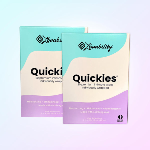 Lovability Quickies Intimate Wipes | Aloe infused, Individually-wrapped, Body-safe, pH-balanced, OB/GYN-approved | Soothing, Moisturizing (20 Count) Lovability Quickies Intimate Wipes | Aloe infused, Individually-wrapped, Body-safe, pH-balanced, OB/GYN-approved | Soothing, Moisturizing (20 Count)